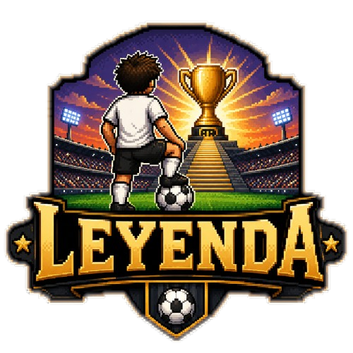 Escudo de Leyenda: un futbolista frente a un trofeo dorado en un estadio